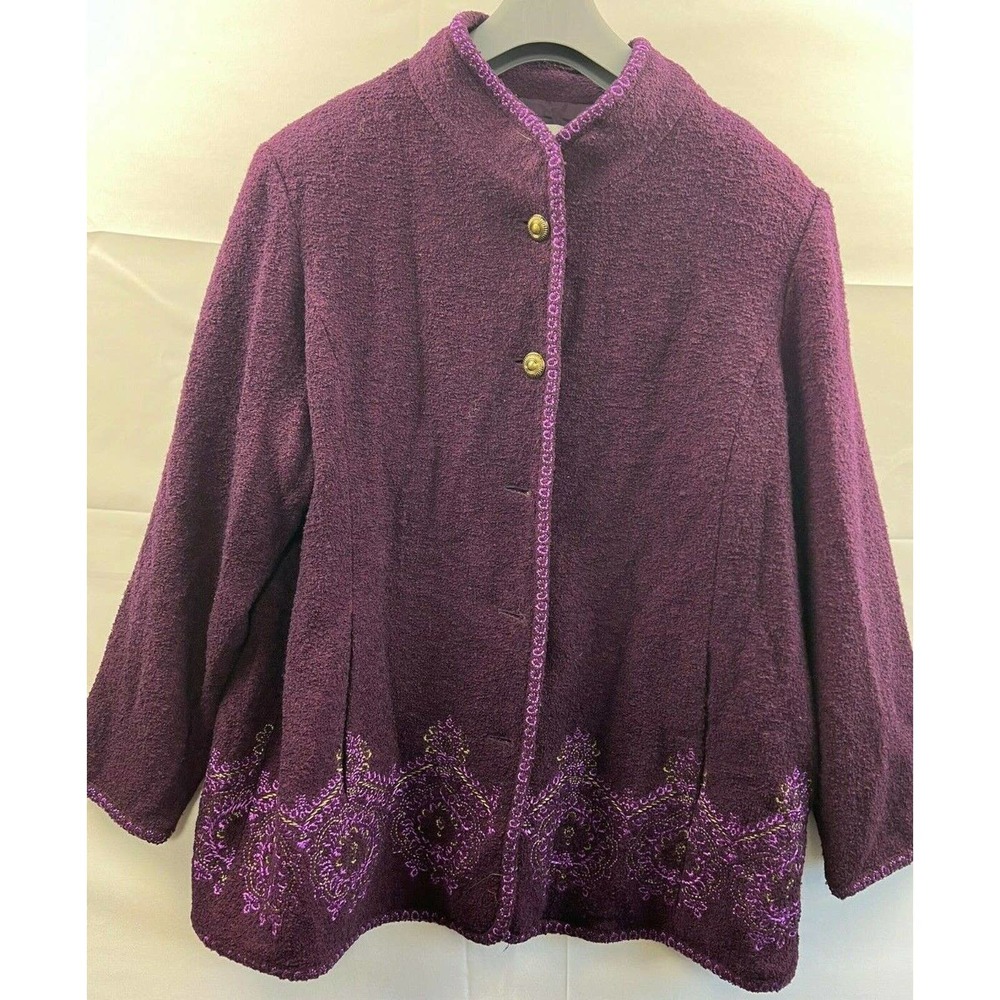 Linea Louis Dell'Olio 1X Plus Size Wool Blend Coat Purple Embroidered Lined